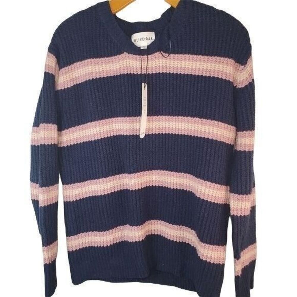 Olive + Oak Womens Coastal Preppy Striped Ribbed Knit Sweater M Navy Pink NEW